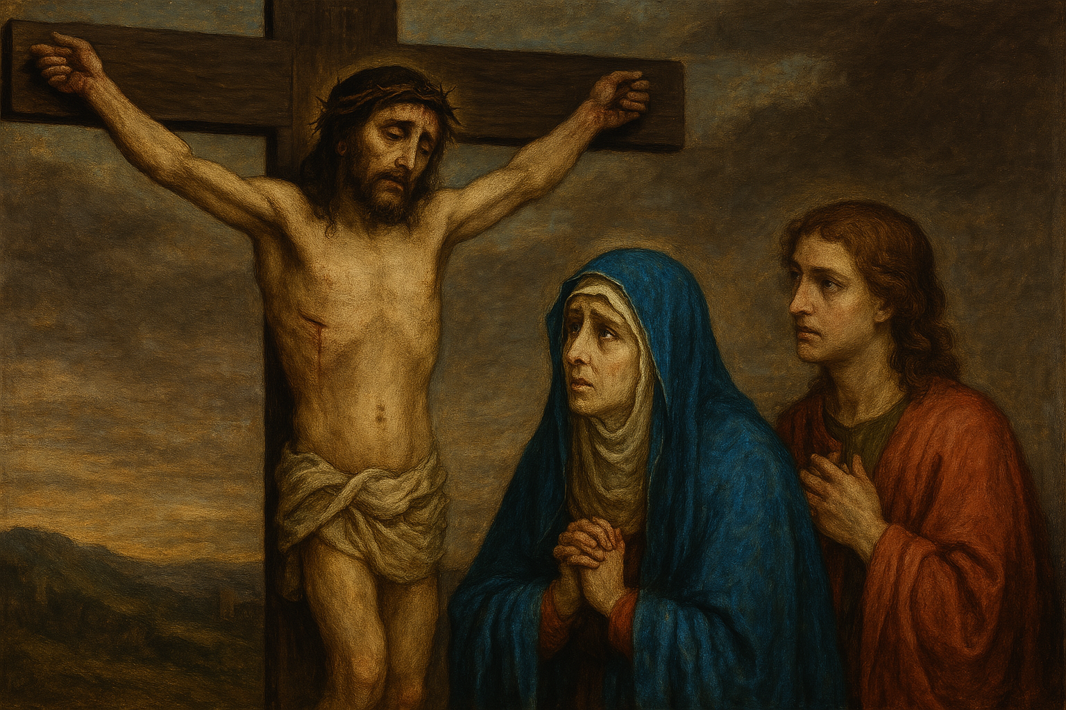 Bajo la cruz, Jesús ve a su madre y al discípulo